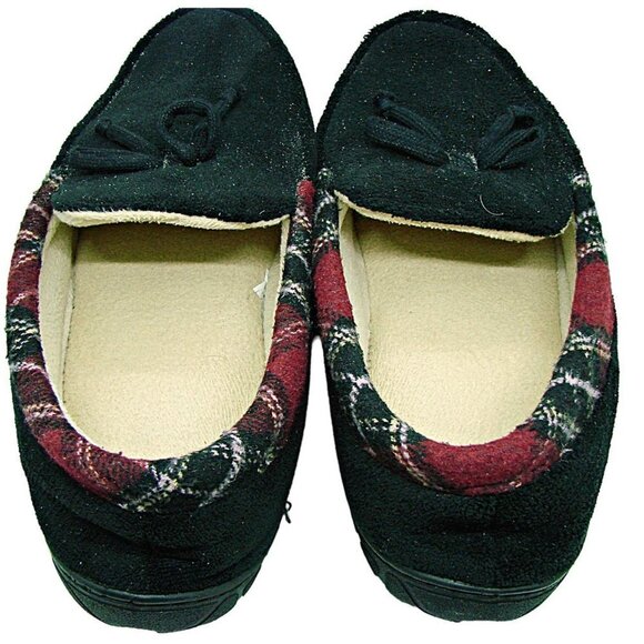 Mens Slippers Black With Plaid Trim Fleece Lined Hard Bottom Sz Large Unbranded - Picture 1 of 12